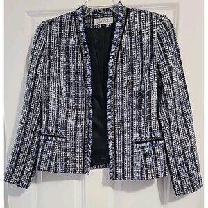 Tahari Arthur Levine Blue Fringe Braid Trim Tweed Crop Lady Jacket Blazer Sz 6